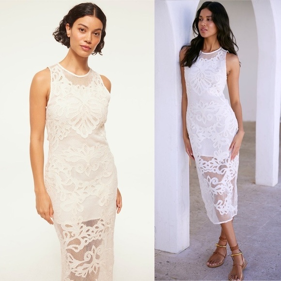 Misa Los Angeles SOFANDEH Midi Dress Embroidered Mesh Off White Medium - Picture 1 of 15